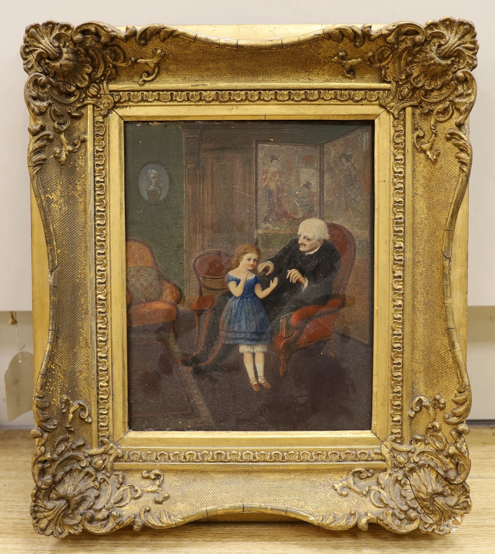 Victorian School, oil on board, Interior with child and grandparent, 22 x 20cm
